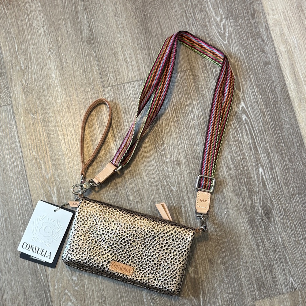 Consuela Gold Leopard Print Crossbody with Multicolor Striped Strap